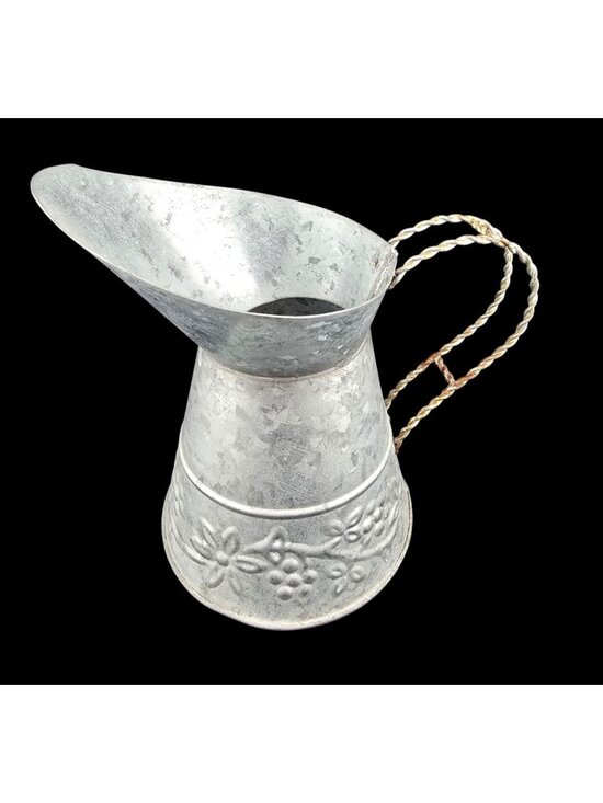 Hosley Right Co. Other - Galvanized Metal Pitcher With Embossed Floral Design & Twisted Handle